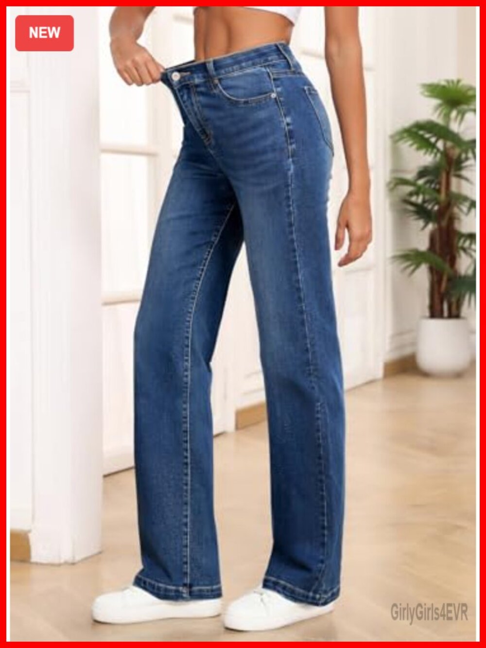 High Waisted Wide Straight Leg Jeans with Pockets, Tummy Control, Stretch - Picture 2 of 6